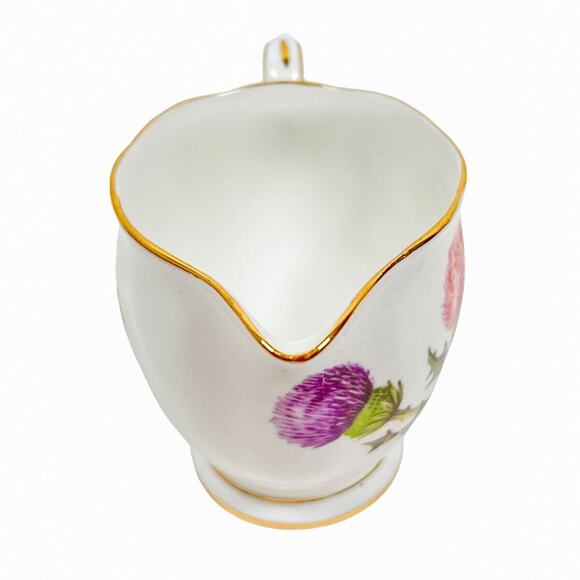 Bone China Mini Creamer Queen Anne Dundee Thistle Gold Trim Scalloped Edge 4 oz - Picture 6 of 11